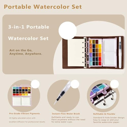 DarkWish Mini Travel Watercolor Set with Sketchbook, 24 Colors, Pink - color: Pink