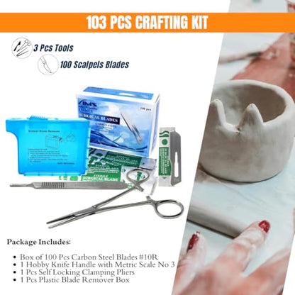 Precision Craft Knife Kit Includes 100 Carbon Steel Blades #10R, Handle No 3, Blade Remover Box & Self Locking Clamps All-in-One Hobby Knife Set for Model Making, DIY Projects, Home and Studio Use