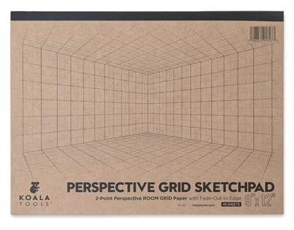 Koala Tools - 40-Page Drawing Pad for 2-Point Perspective, Room Grid Sketch Pad with 3D Virtual Walls Design, Gridded Graph Paper for Interior Room Design, Industrial, Architectural 9 x 12 inches - size: 2 Point Room - 9 x 12