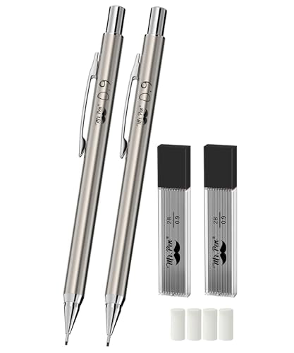 Mr. Pen- Metal Mechanical Pencil Set with Lead Refills & Erasers, 2 Pack | 0.9mm, 4x Tubes 2B Lead Refill, 4x Eraser Refills for School Supplies, Note Taking, Drawing, Sketching, Office - style: 0.9mm