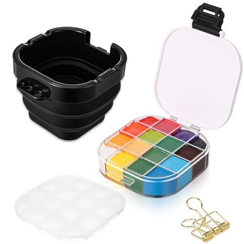 Airtight Acrylic Paint Palette Lid 16 Well Storage Box Travel Palette Paint Storage Container Fixing Clips Collapsible Brush Basin Art Supplies Organizer for Gouache Acrylic Watercolor and Oil(Black) - color: Black