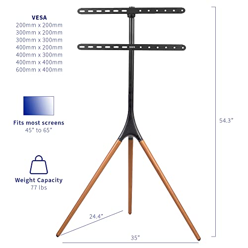 VIVO Dark Walnut Easel TV Stand for 45 to 65 inch Screens, STAND-TV65A | Articulating Artistic Studio Display Stand, Adjustable TV Mount with Swivel, Tripod Base, Max VESA 600x400, Holds 77 lbs - color: Black - Treated Wood, size: 45 to 65 in TVs