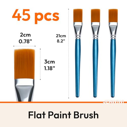 JEAWIWI 45 Pcs Acrylic Paintbrush Set, Flat Paintbrushes, 30mm, Blue | Oil Watercolor Face Paint Brushes for Rock, Canvas, Body & Face Art, Artist Paintbrushes Set, Art Supplies - size: 45 PCS