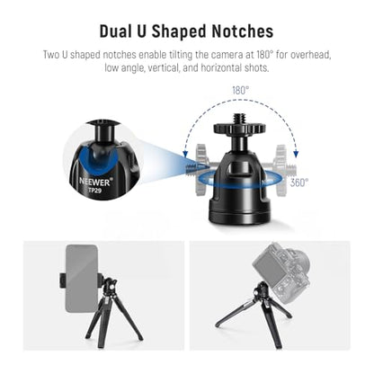 NEEWER Mini Desk Tripod, Metal Table Top Small Portable Travel Selfie Stick Stand with 360° Ball Head & 1/4" Screw for Camera Mobile Phone Holder Action Cam, Cleaning Cloth, Max Load 6.6 lbs, TP29 - style: TP29 w/Cleaning Cloth