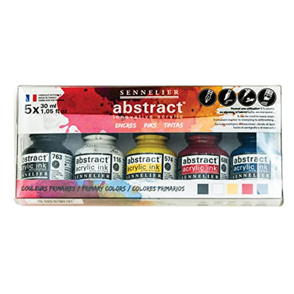 SENNELIER Abstract Acrylic Ink Set, Includes 5-30ml Bottles of Ink, Primary Colors (10-134220-00)