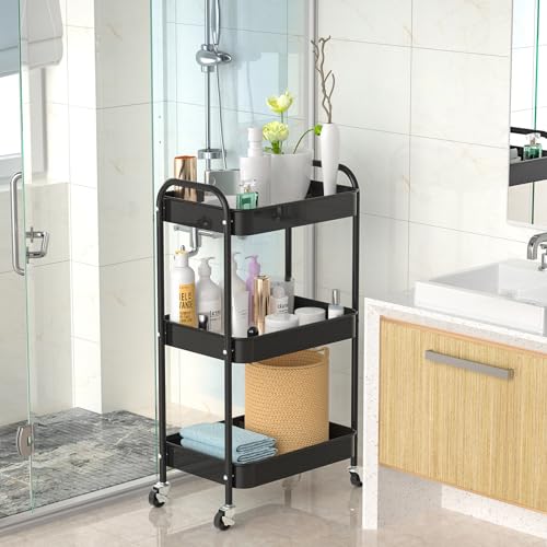 3-Tier Rolling Cart, Metal Utility Storage Carts with Wheels, Black | Multi-Functional Organizer Snack Cart Easy Assembly - color: Black