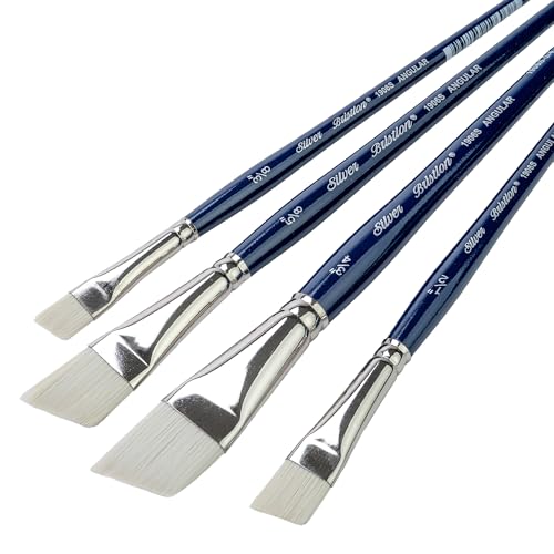 Silver Brush Limited Bristlon Short Handle Angles Oil Paintbrush Set, 4pc | Sizes 3/8, 3/4, 1/2, 5/8 Inch, Stiff Fine Point Synthetic Bristle, Lightly Textured Strokes, Floral and Botanical Designs - color: Short Handle Angles, size: 4 count