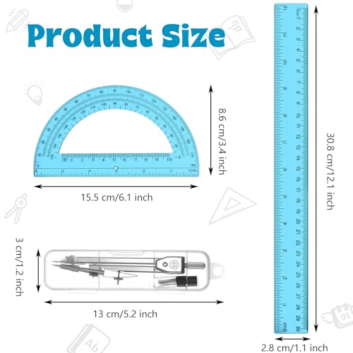 Zonon 3 Pcs 12" Clear Plastic Ruler 6 Inch Protractor Compass Set, Blue - color: Blue, size: 12 Inch