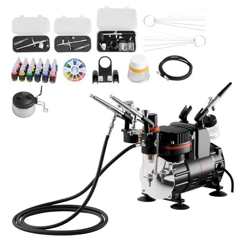 VEVOR Airbrush Kit, 1/6 HP, Air Brush Kit with Air Compressor, 3 Dual-Action Professional Airbrushes with 3 Tips, Hose, Acrylic Paint, Brush, Low Noise, for Cake Decorating, Model Painting, Nail Art - color: 24 Paint Colors Set