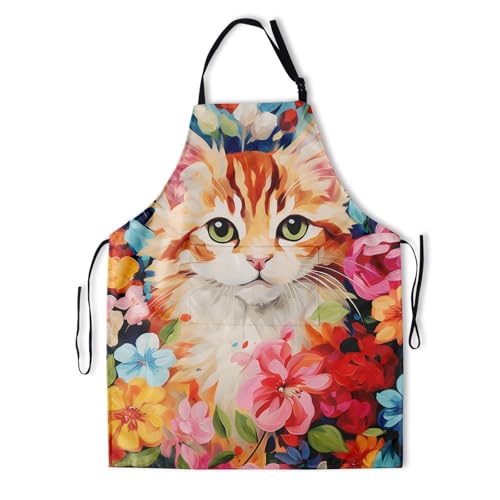 Art Apron with Pocket for Women Men | Kitchen Aprons Chef Apron for Cooking Baking BBQ Painting Gardening - color: Cat With Colorful Flowers