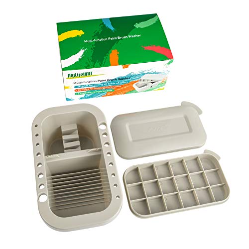 MyLifeUNIT Paint Brush Cleaner, Paint Brush Holder with Palette, Grey | 18 mixing wells, 16 slots fitting 0.24-0.63 in diameters, 3 washing compartments, removable tray lid - color: Grey