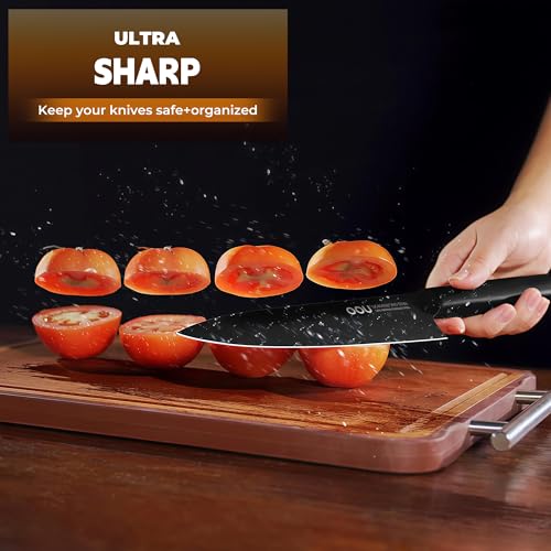 OOU Kitchen Knife Block Set - 15 Pieces High Carbon Stainless Steel Knife Block Set with Built-in Sharpening Blocks, Black