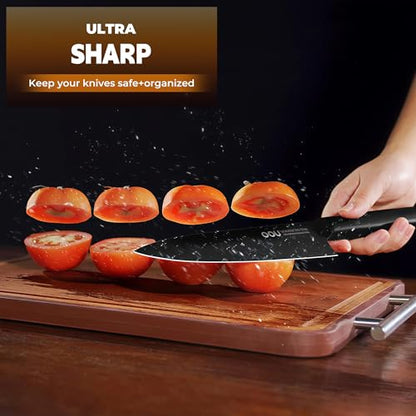 OOU Kitchen Knife Block Set - 15 Pieces High Carbon Stainless Steel Knife Block Set with Built-in Sharpening Blocks, Black
