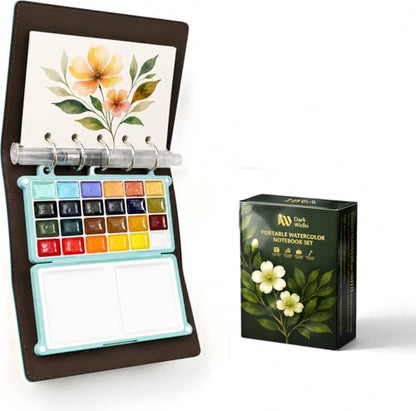Mini Travel Watercolor Sketchbook Set - 24 Colors Pocket Paint Kit (6 Metallic, Neon, Macaron) with Refillable 300gsm Black & White Paper - PU Leather Urban Sketching Binder & Water Brush Gift - color: Green