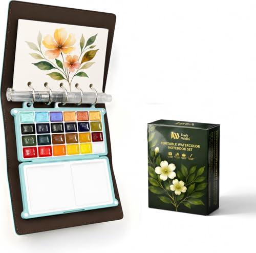 Mini Travel Watercolor Sketchbook Set - 24 Colors Pocket Paint Kit (6 Metallic, Neon, Macaron) with Refillable 300gsm Black & White Paper - PU Leather Urban Sketching Binder & Water Brush Gift - color: Green