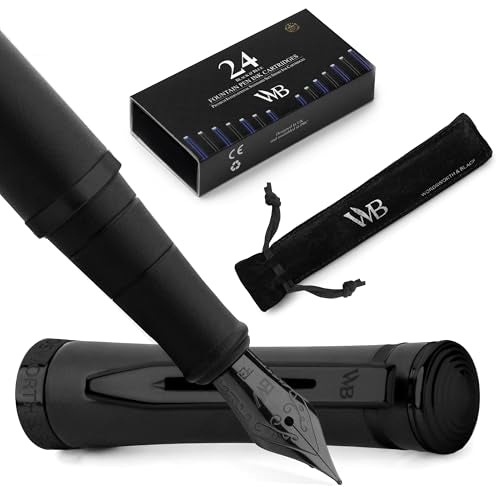 Wordsworth & Black Fountain Pen Set for Writing, Extra Fine Nib, All Black | Gift for Men & Women, Brass Body, 18K German Iridium, Calligraphy, Converter + 24 Ink Cartridges, Refillable, Leak-Free - color: All Black, style: Extra Fine Nib