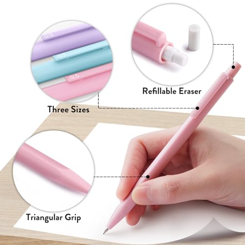 Four Candies Pastel Mechanical Pencil Set with Case, 6-Pack | 0.5/0.7/0.9mm, 360 Leads, 3 Erasers, 9 Eraser Refills, Back to School Supplies for Girls, Cute Aesthetic Stationery - style: 0.5mm + 0.7mm + 0.9mm