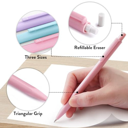 Four Candies Pastel Mechanical Pencil Set with Case, 6-Pack | 0.5/0.7/0.9mm, 360 Leads, 3 Erasers, 9 Eraser Refills, Back to School Supplies for Girls, Cute Aesthetic Stationery - style: 0.5mm + 0.7mm + 0.9mm