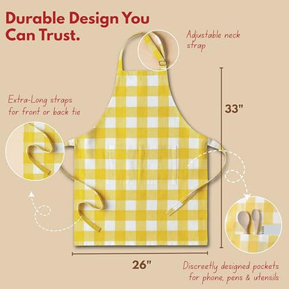 Native Fab Kitchen Apron 2 Pack - 100% Cotton Adjustable, Durable Apron with Pockets, Perfect for Cooking, Baking, Grilling - color: Buffalo, Lemon Yellow