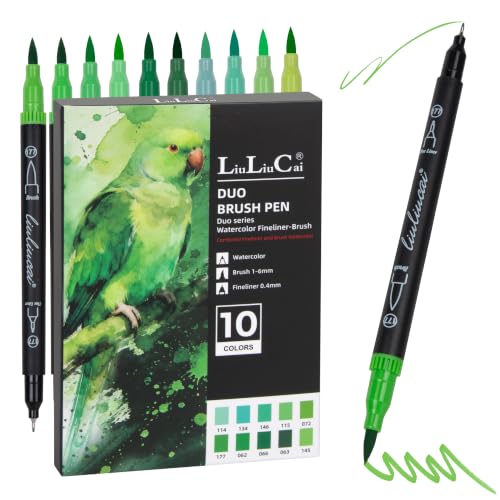 LIULIUCAI 10 Green Dual Markers, Fine & Brush Tip Pen for Adult Coloring - color: 10 Green