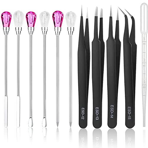 11 Pcs Silicone Resin Mold Tools Set Stirring Needle Spoon Tool Tweezers Precision Kit, Anti-Static Electronics Tweezers Set for Resin Art Crafts,Jewelry Making(Rose Red+White) - color: Rose Red & White & Black