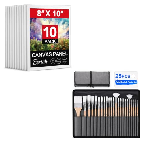 ESRICH 10 Pack 8x10 Primed Canvas Boards for Painting, ESRICH 25Pcs Paint Brushes Set, 7 Shapes Paintbrushes for Acrylic Painting