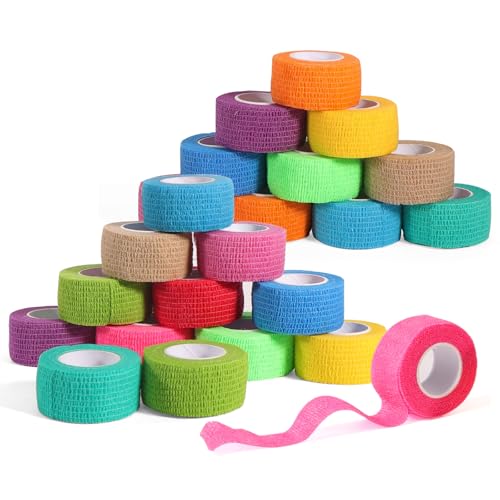 24 Pack Self Adhesive Bandage Wrap, 2” x 5 Yards Cohesive Medical Tape Elastic Grip Tape Black Sports Tape Athletic for Ankle, Wrist Sprains, Pet First Aid (Multi-Color, 1 Inch) - color: Multi-color, size: 1 Inch