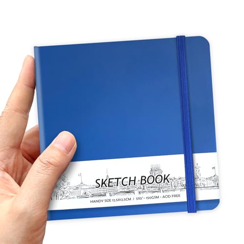 5" x 5" Hardcover Sketch Book,58 Sheets Small Mixed Media Pocket Sketch Pad | PU Cover,150 GSM Acid Free Artist Drawing Paper,Travel Journal Blank Notebook for Adults Sketching,Illustration. - color: 150gsm PU-navy blue
