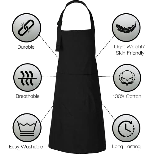 RAJRANG 100% Cotton Cooking Apron with 3 Pockets Kitchen Chef BBQ Adjustable Bib Aprons for Women Men - color: Black