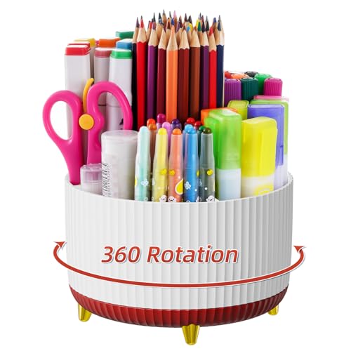 Marbrasse Desk Organizer, 360-Degree Rotating Pen Holder, Desk Organizers and Accessories with 5 Compartments Pencil Holder, Art Supply Storage Box Caddy for Office, Home (White+Red) - color: White+Red