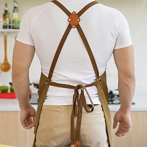 Aoomzoon Canvas Aprons for Men Chef Apron, Work Apron with Large Pockets - 16oz Heavy Duty Cross Back, BBQ, Cooking - color: Brown