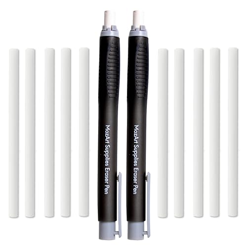 MozArt Eraser Pen Set 2 Pens + 10 Jumbo Refills for Mechanical Pencil | Precision Eraser Pens for Sketch, Drafting, Architecture & Art – Refillable Design for Artists, Students & Architects - color: Black and White