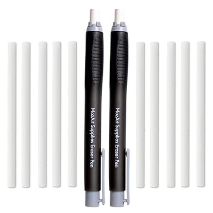 MozArt Eraser Pen Set 2 Pens + 10 Jumbo Refills for Mechanical Pencil - color: Black and White