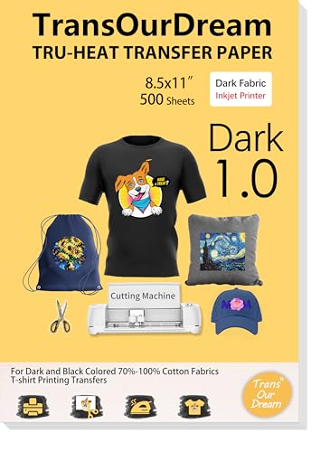 TransOurDream Heat Transfer Paper for Dark Fabric (500 Sheets, 8.5x11) Printable Heat Transfer Vinyl for T-Shirts Iron on Transfers for Inkjet Printer - color: Dark, size: 500 Sheets