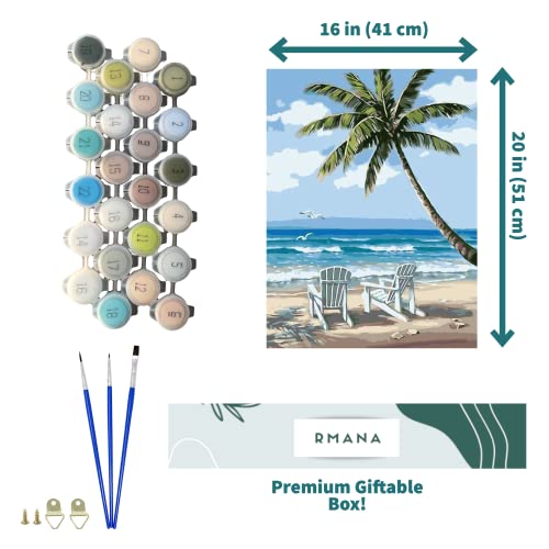 RMANA Acrylic Paint by Number Landscape On Canvas Art for Beginner Adults Students Teens Painting by Numbers DIY Arts Crafts Numero Advanced Abstract Sunny Beach Palm Tree Colorful Box Christmas Gift