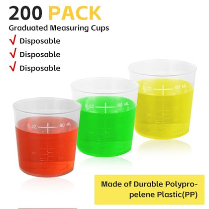 LANIAKEA 200PCS 2oz/60ml Plastic Mixing Cups Transparent Scale Cups with Graduated Liquid Mixing Cup for Resin, Laboratory, Acrylic Paint Art, Medicine