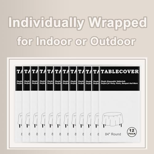 D&Z 12 Pack White Disposable Plastic Tablecloth, 84" Round Table Cover - color: White, size: 12 Pack 84" Round