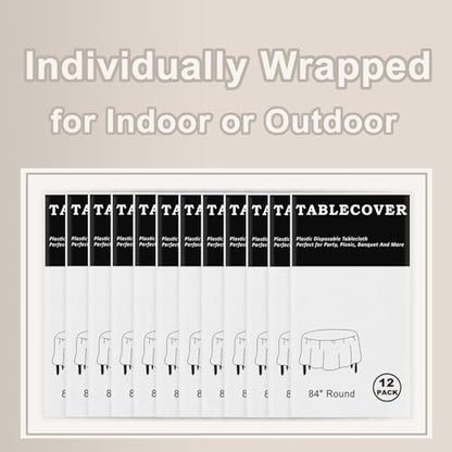 D&Z 12 Pack White Disposable Plastic Tablecloth, 84" Round Table Cover - color: White, size: 12 Pack 84" Round