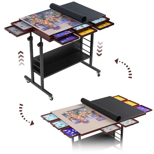 Tektalk 2000 Piece Foldable Puzzle Board with Height Adjustment, Jigsaw Puzzle Table with 2 Felt Cover & 8 Sorting Trays/Drawers, Puzzle Easel with Legs, Enclosed with 4 Roller Wheels - Black - color: Black