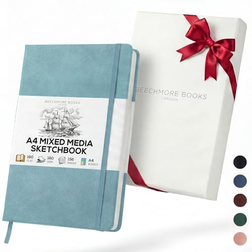 Beechmore Books A4 8.5x11 Mixed Media Sketchbook 160 GSM/98LB with Gift Box - color: Arctic Teal, size: A4 - 8.5" x 11.5" Large