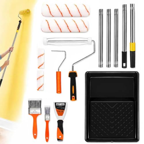 Paint Roller kit, Paint Roller Extension Pole 5ft | paint brushes,Paint Rollers 9"&4"paint tray liner . Perfect for DIY & Professional home renovation 15Piece Sets