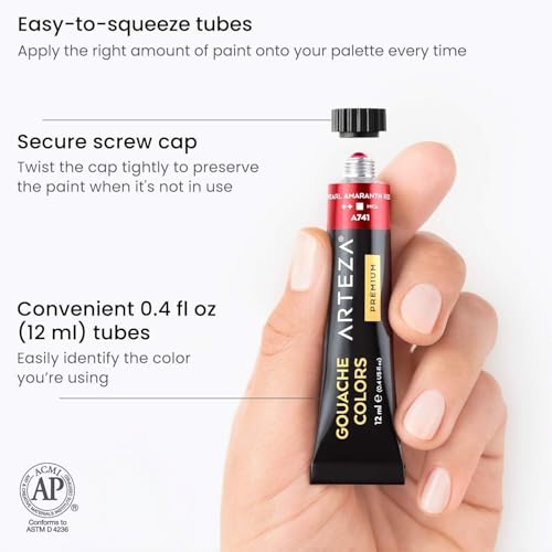 ARTEZA Metallic Gouache Paint, Set of 36, 12ml/0.4 US Fl Oz Gouache Paint Tubes, Glitter Paint for Canvas & Paper - size: 0.4 Fl Oz (Pack of 36)