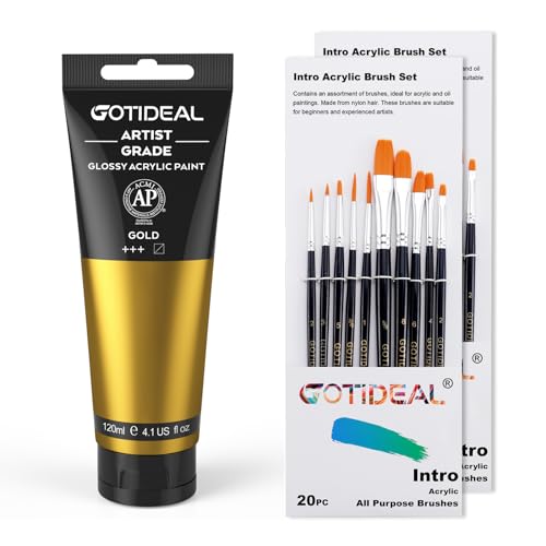 GOTIDEAL Paint Brush Set with Acrylic Paint Metallic Gold 24K Tubes(120ml, 4.1 oz)