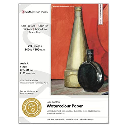 100% Cotton Watercolor Paper Block 140 lb - 9x12 in Cold Pressed 20 Sheets | Professional Grade Water Color Paper, Acid-Free Archival, Dual Texture Surfaces, Warp-Free Block Binding, Gouache & Wet-Media - size: 9"x12" Arch A