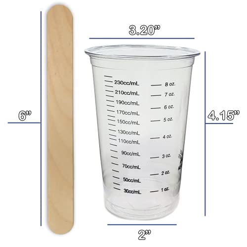 10 8oz Graduated Clear Plastic (PET) Cups and 10 6" Wood Stir Sticks for Mixing Paint, Stain, Epoxy, Resin by NetSellsIt 8 oz Disposable
