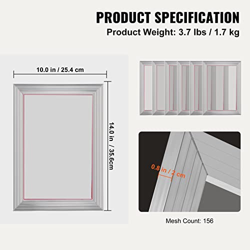 VEVOR Screen Printing Kit, 6 Pieces Aluminum Silk Screen Printing Frames, 10x14inch Silk Screen Printing Frame with 156 Count Mesh, High Tension Nylon Mesh and Sealing Tape for T-Shirts DIY Printing - size: 10x14inch-6