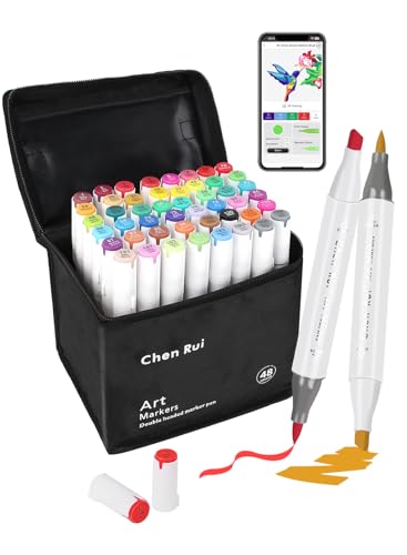 48 Colors Alcohol Markers Brush and Chisel Tip with APP Chen Rui Markers | Dual Tips | Alcohol-Based | Blendable | Non Toxic | No Bleeding | for Artist Adults Coloring Drawing Illustration Sketching - color: 48 Colors