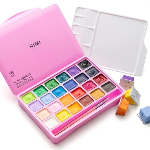 HIMI Gouache Paints set with 3 Paint Brushes, 24 Colors, 30g, Jelly Cup Design Non Toxic Paint for Canvas and Paper, Art Supplies for Professionals (Pink Case) - color: Pink
