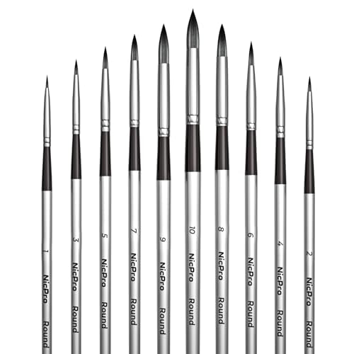 Nicpro 10 PCS Watercolor Paint Brushes, Round Tip Artist Painting Brush Set for Watercolor, Acrylic, Gouache, Inks, Oil and Tempera, 10 Sizes Detail Paint Brush for Fine Art, Craft, Paint by Number - size: Round