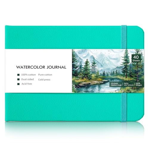 40 Sheets Watercolor Journal, 4x6 in, 140 Lb Cold Press Paper, Blue | Cotton Paper, 300 Gsm, Wirebound with Tear-Out Pages, Elastic Closure, for Watercolor, Sketching & Mixed Media - color: Turquoise